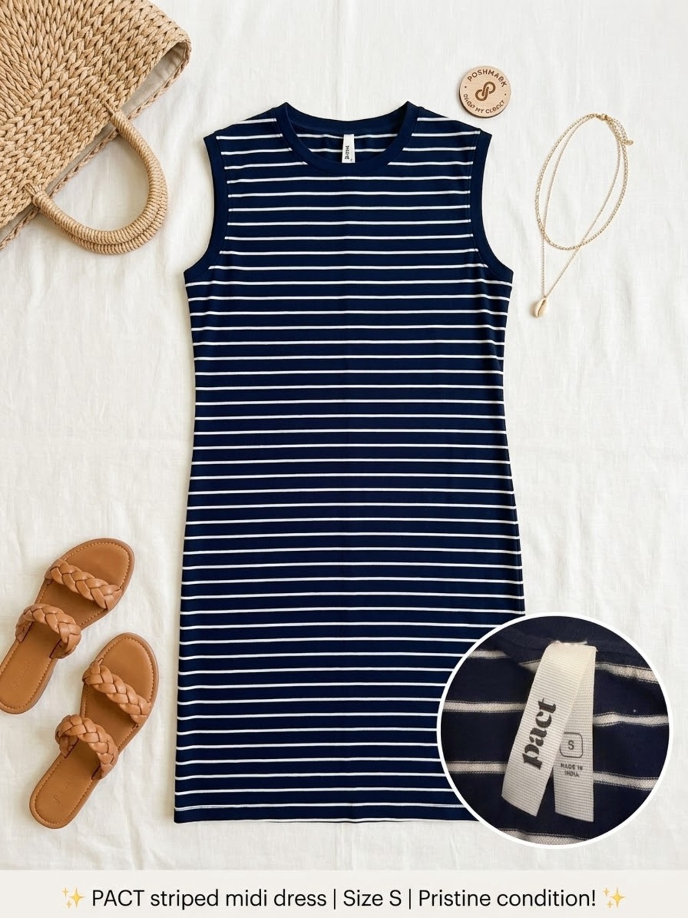 Pact Navy and White Striped Sleeveless Midi Dress